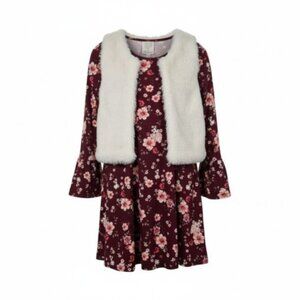 SELF ESTEEM Mauve Floral Print Long Sleeved Dress with Furry Vest Girls Size 7